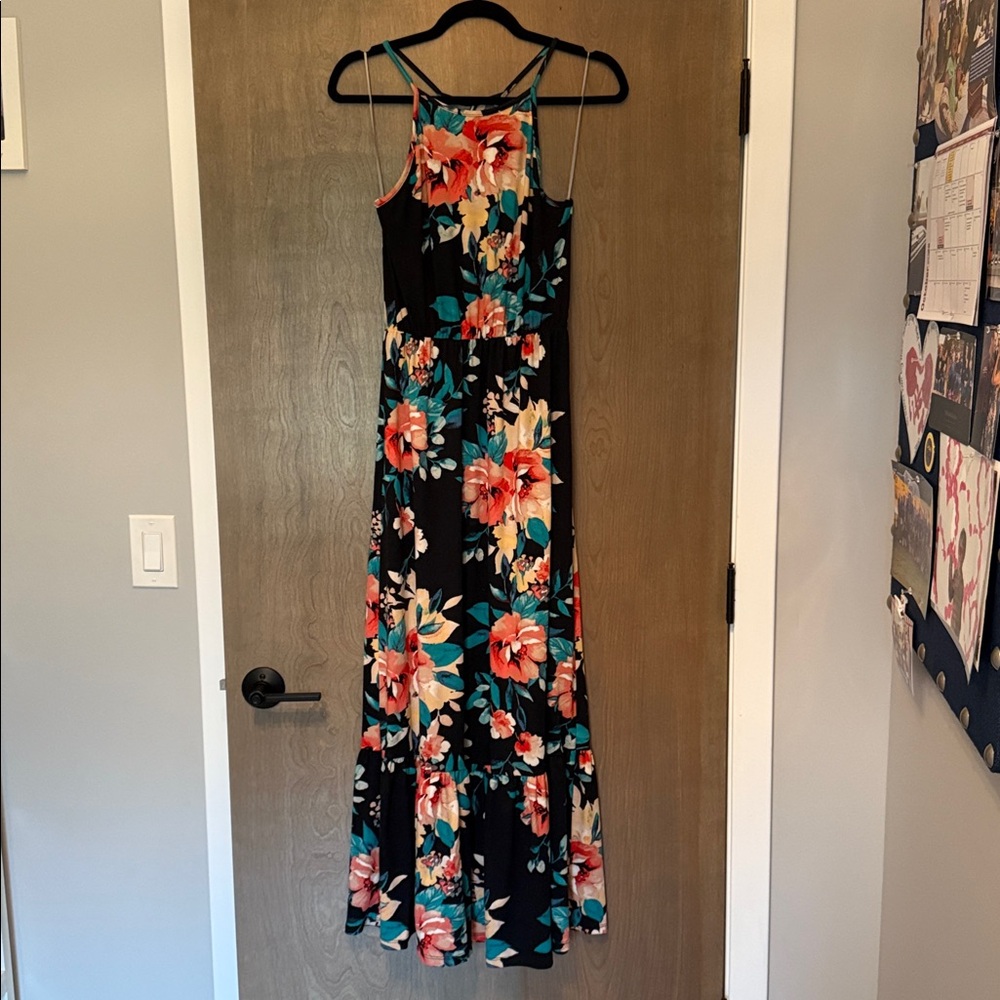 French Grey Vibrant Floral Maxi Dress
